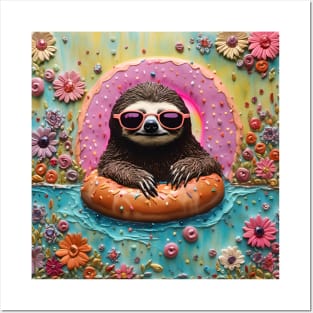 Sloth Chilling in a Floating Donut Posters and Art